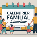 illustration calendrier familial à imprimer avec famille devant calendrier mural