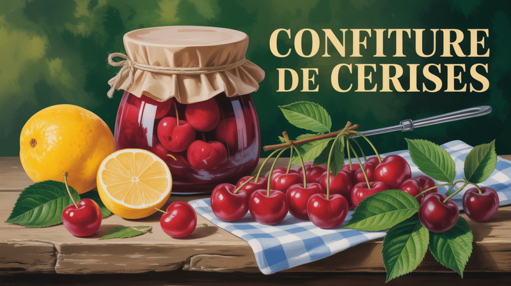 confiture de cerises maison, pot artisanal sur table en bois