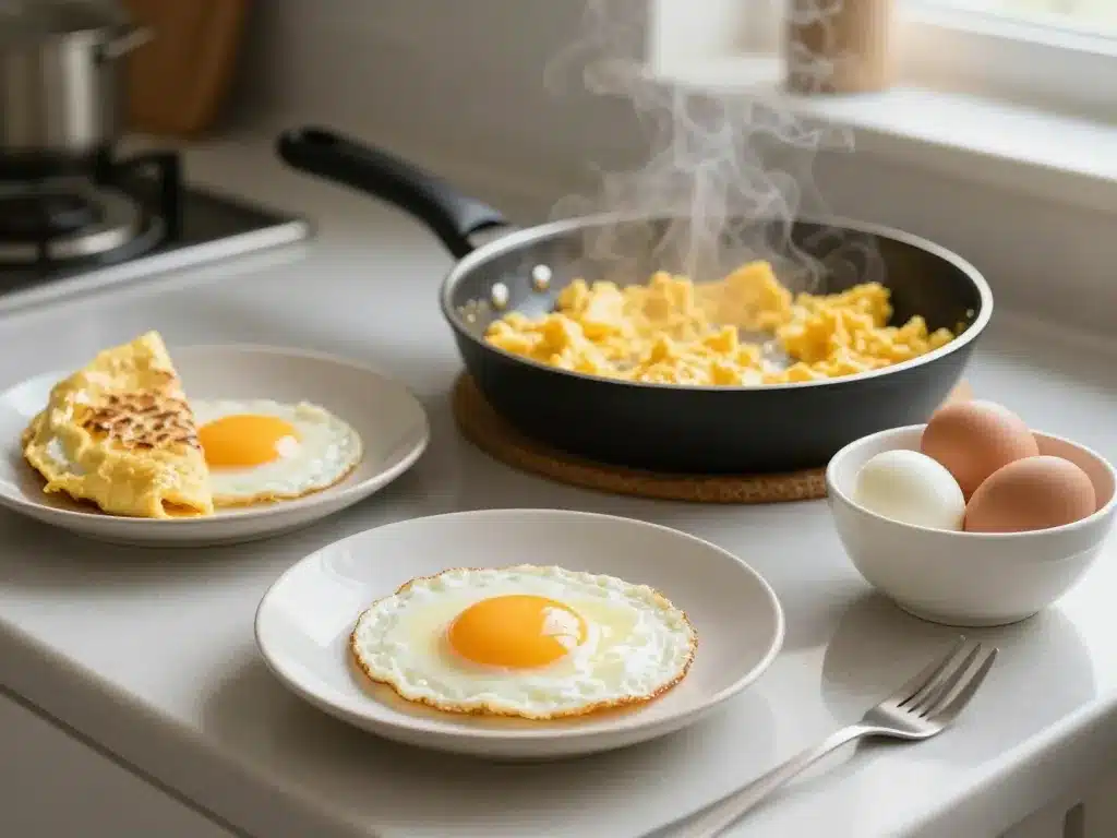 scène cuisine cuisson oeufs différentes préparations