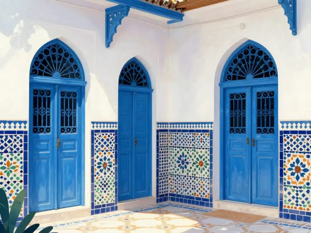 intérieur maison tunisienne zelliges portes bleues fer forgé