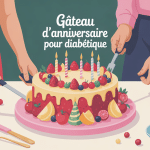 Gâteau anniversaire pour diabétique entouré de fruits et décorations