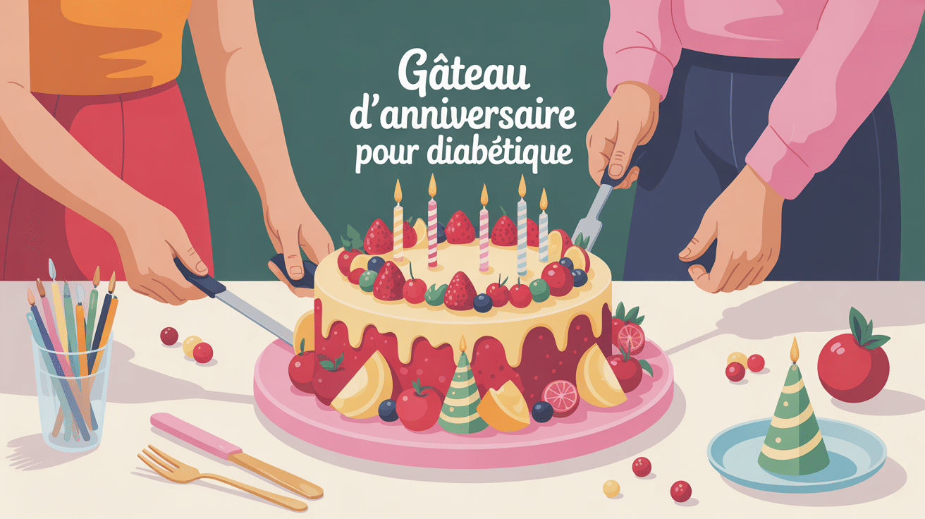 Gâteau anniversaire pour diabétique entouré de fruits et décorations