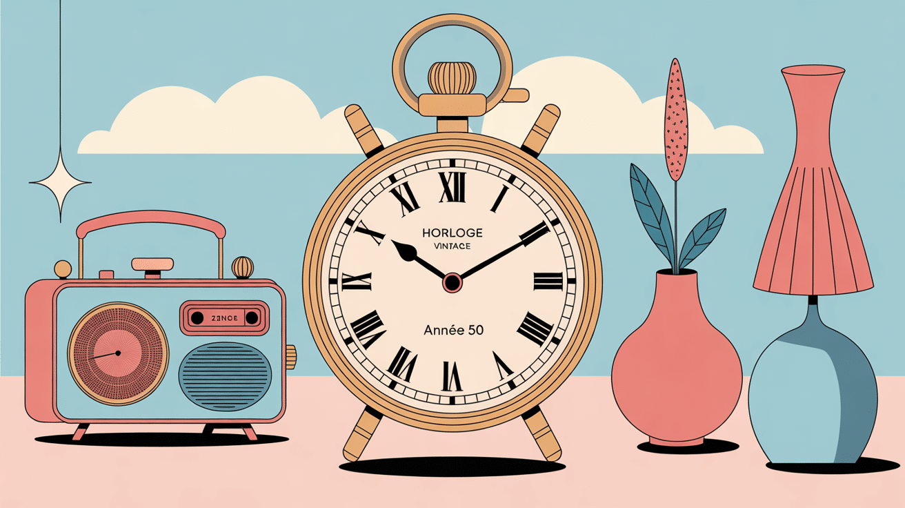 Horloge vintage année 50 rétro chic couleurs pastel
