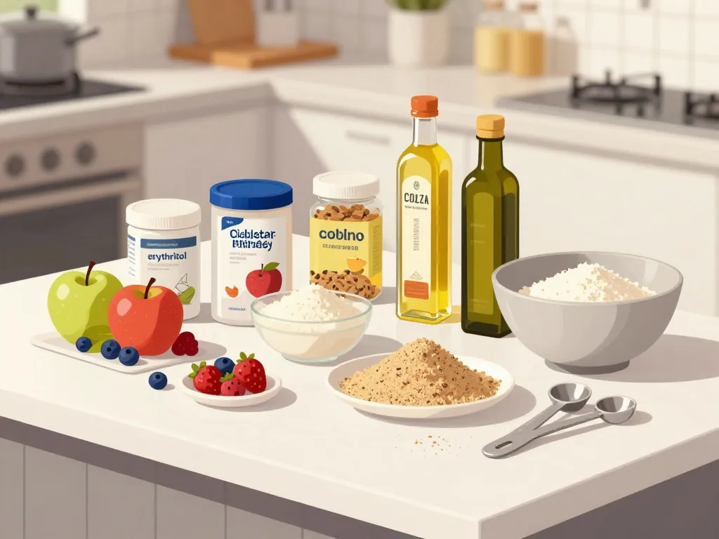 Ingrédients de gâteau anniversaire pour diabétique sur un plan de travail