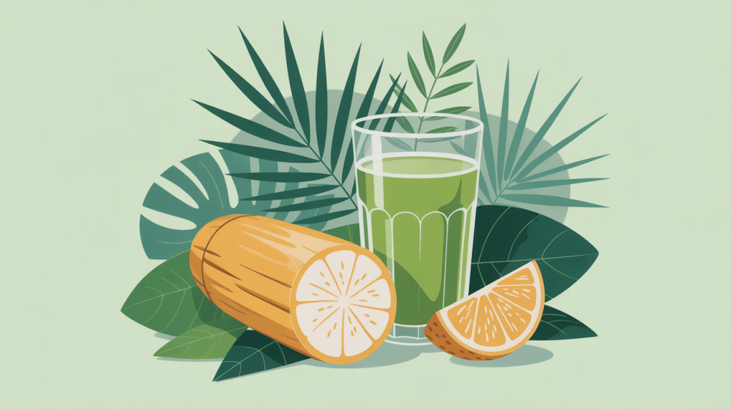 verre de jus de sucre de canne avec canne fraîche en ambiance tropicale