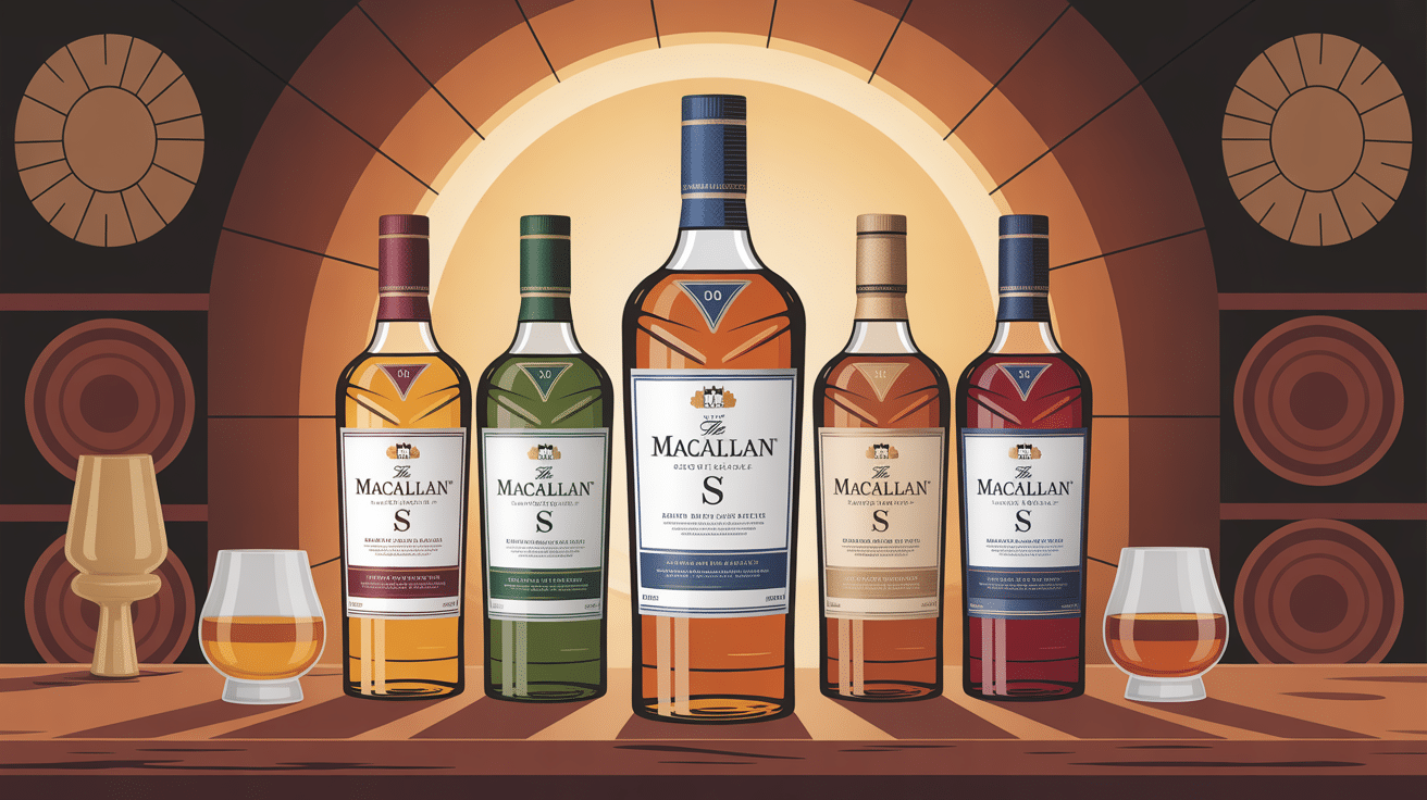 illustration macallan s plusieurs bouteilles dans cave ambiance chaleureuse