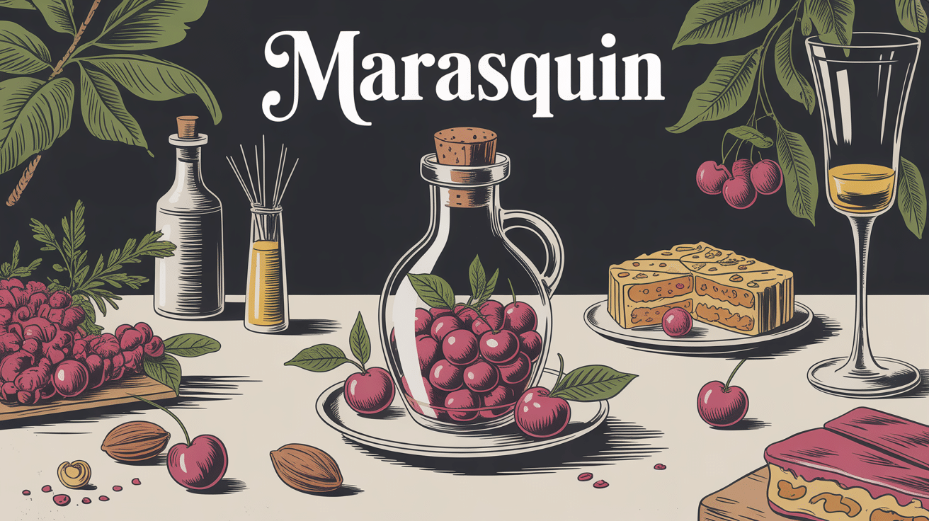 marasquin sur table avec cerises amandes et zestes