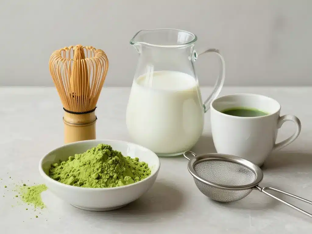 essentiels matcha latte maison ingrédients et fouet