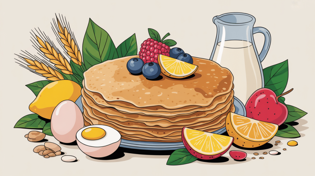 pile de pates a crepes sans sucre avec farine œufs lait végétal fruits frais