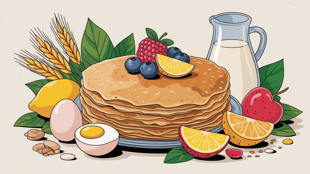 pile de pates a crepes sans sucre avec farine œufs lait végétal fruits frais