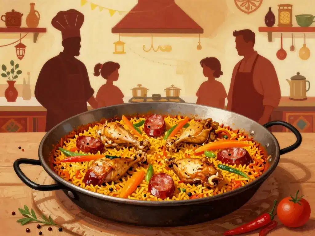 recette paella au poulet et chorizo ambiance cuisine méditerranéenne