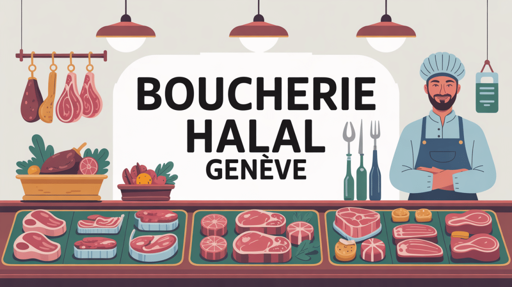 Vitrine boucherie halal Genève avec boucher souriant