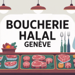 Vitrine boucherie halal Genève avec boucher souriant