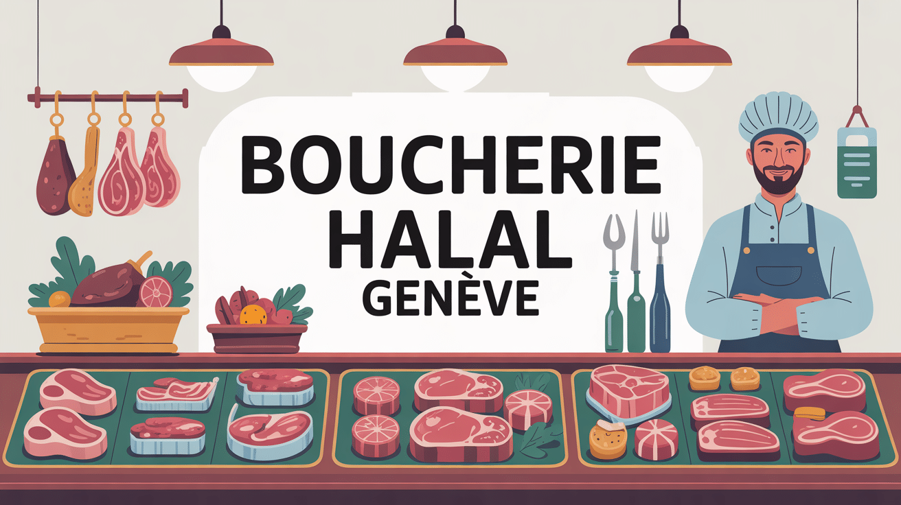 Vitrine boucherie halal Genève avec boucher souriant