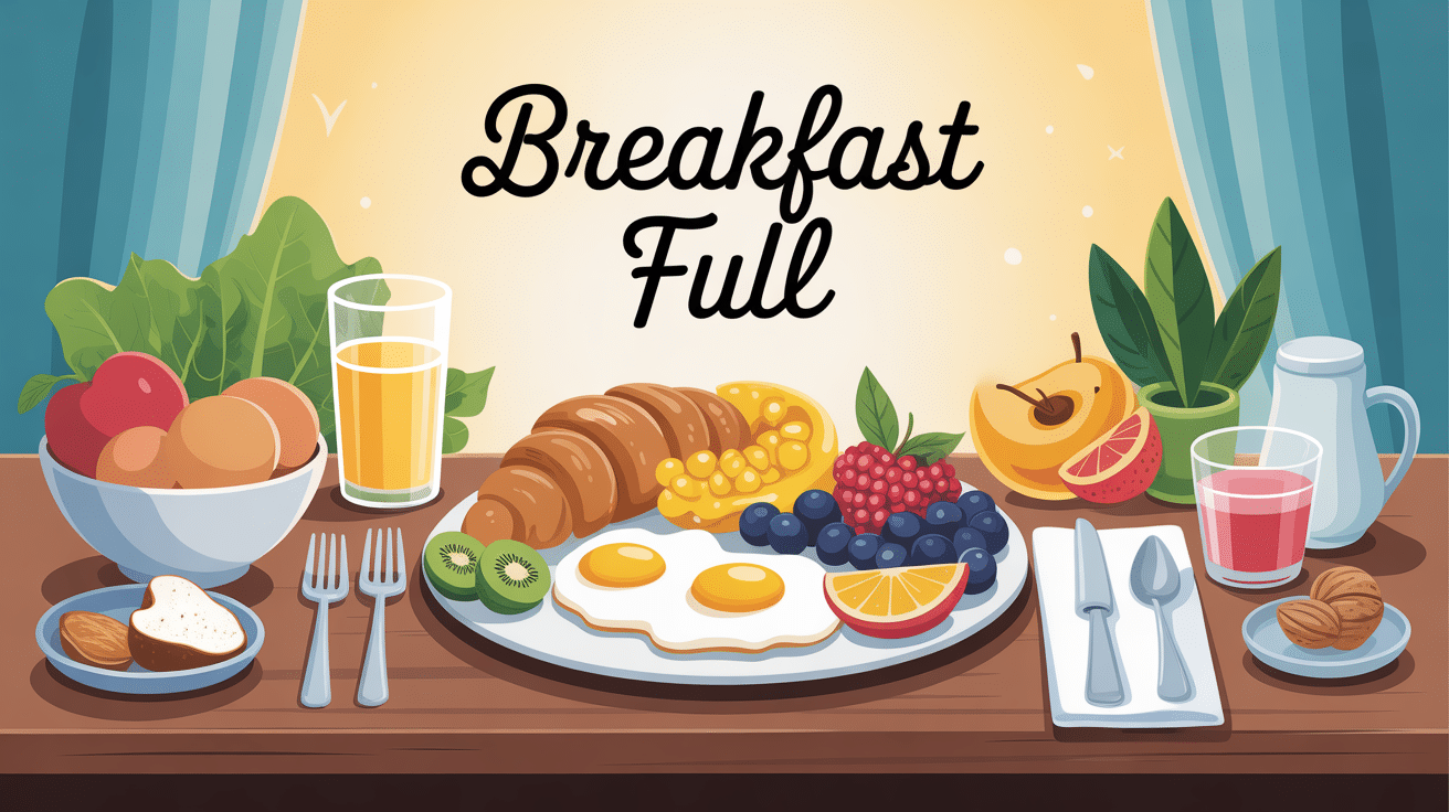 Illustration breakfast full avec œufs, pain complet et fruits