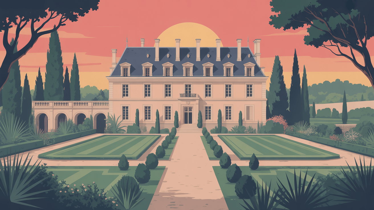 Vue stylisée du château des Creissauds au soleil couchant