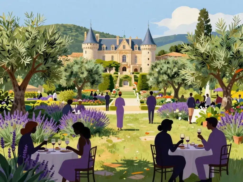 Jardin du château des Creissauds avec ambiance d’événement provençal