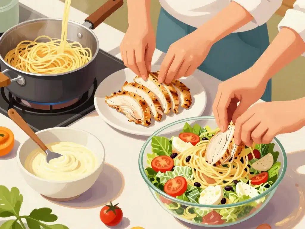 Préparation salade de pates au poulet cesar étapes cuisine