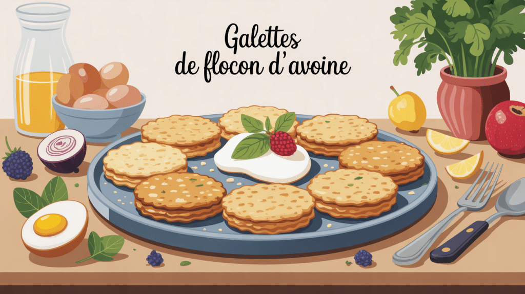 Recette de galettes de flocon d'avoine sur assiette avec ingrédients