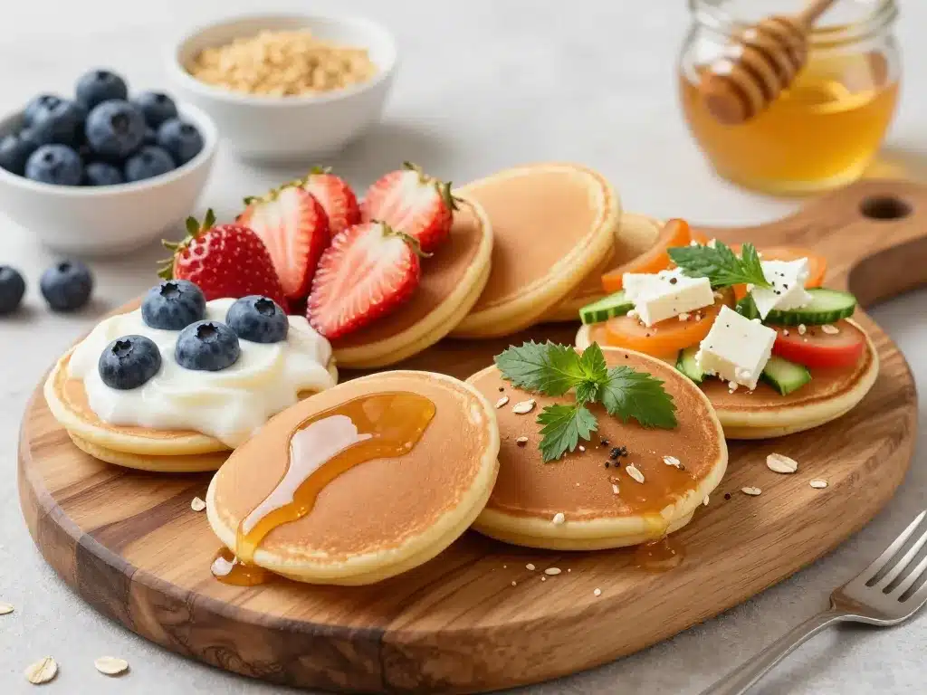 Galettes de flocon d'avoine sucrées et salées présentées en planche