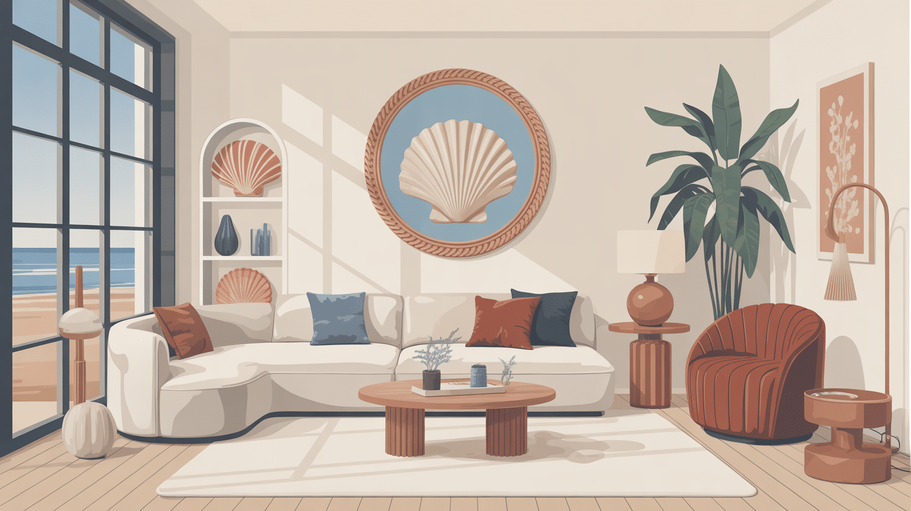 Ambiance maison coquillage moderne, déco épurée, tons sable et bleu