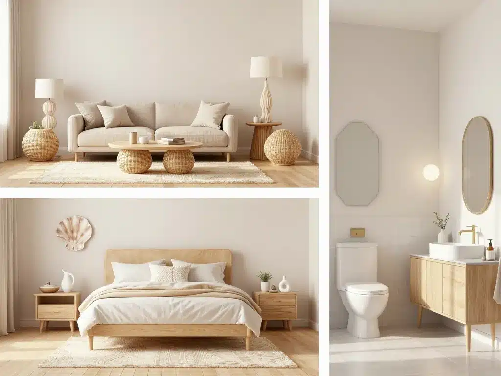 Salon, chambre et salle de bain maison coquillage, déco par pièce