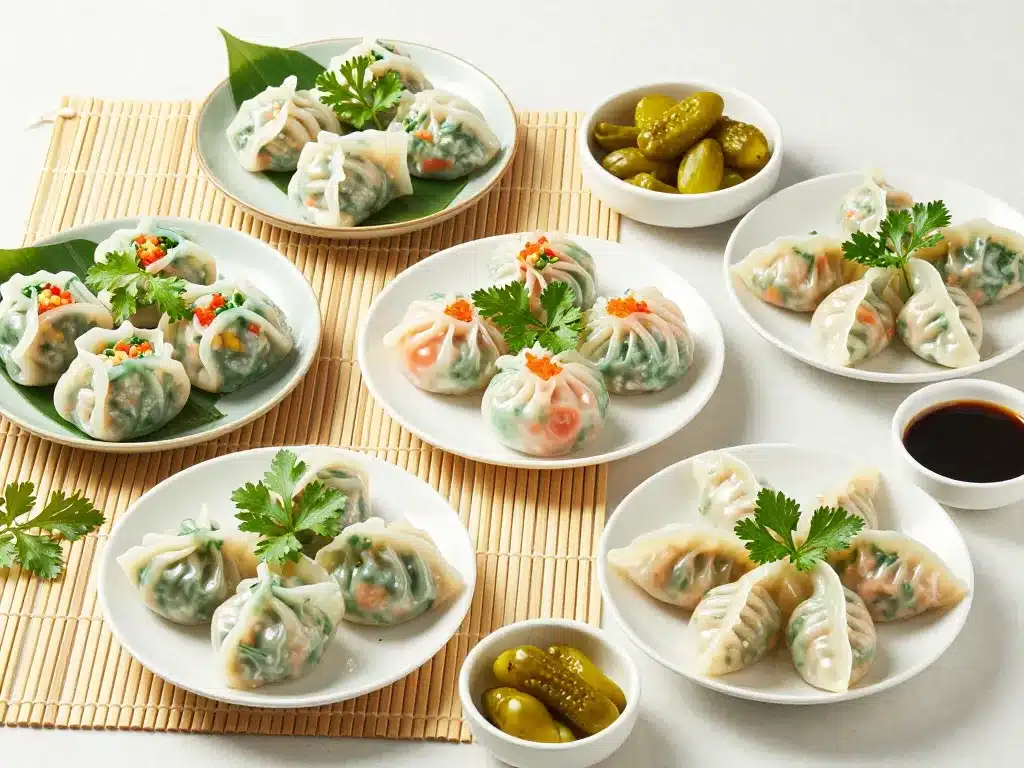 différents types de raviolis vietnamiens présentés sur assiette