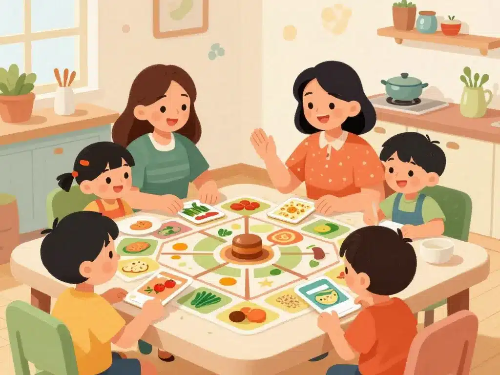 famille joue petit plat en equilibre jeu cartes aliments cuisine