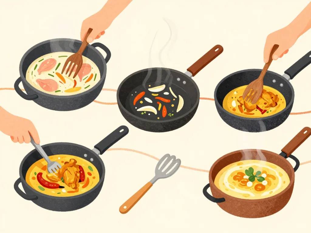 étapes recette de poulet au curry et lait de coco illustration