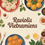 plateau de raviolis vietnamiens variés avec herbes et sauces