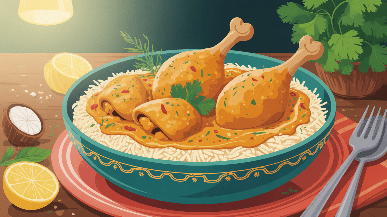 plat recette de poulet au curry et lait de coco avec riz et épices