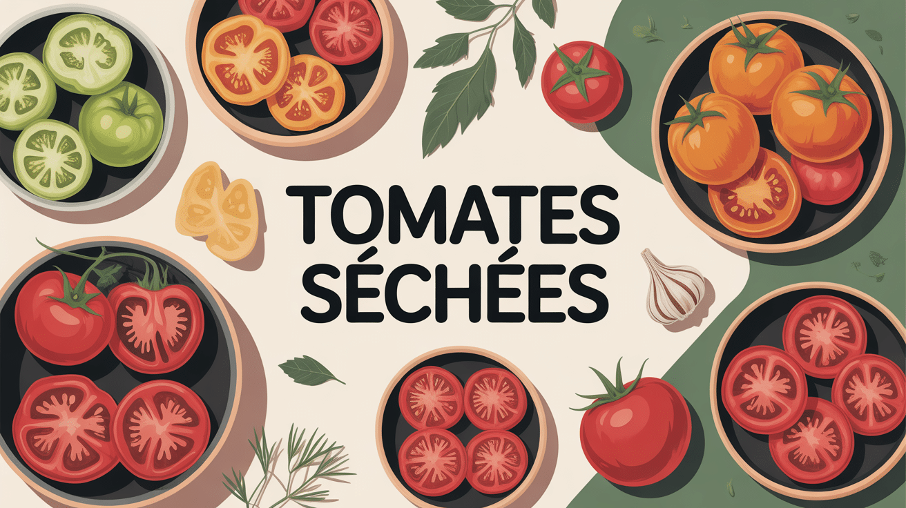 Tomates sechées comment utiliser en cuisine, différents types sur nappe méditerranéenne