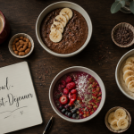 bowl petit dej avec cake banane, smoothie bowl et porridge