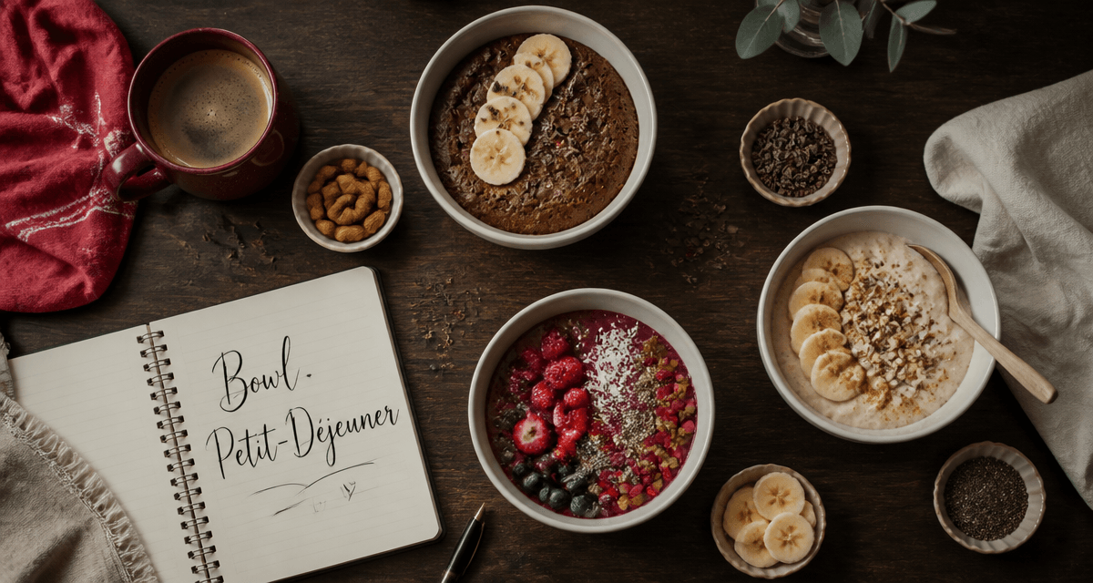bowl petit dej avec cake banane, smoothie bowl et porridge