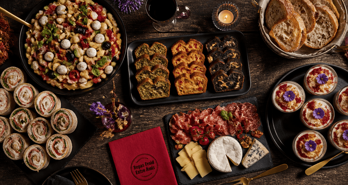Buffet repas froid entre amis vu du dessus