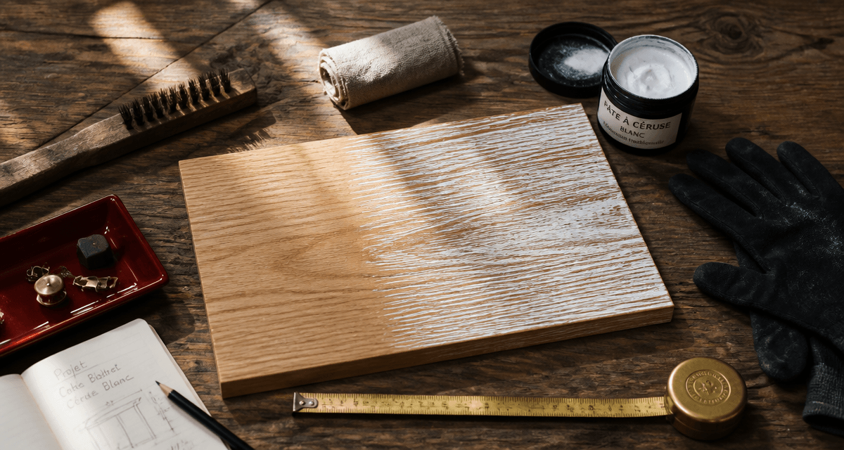Ceruser un bois sur établi avec outils et planche