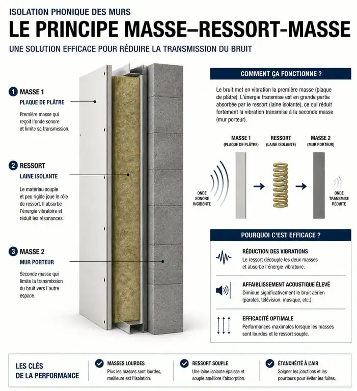 Schéma explicatif du principe masse-ressort-masse pour isoler phoniquement un mur mitoyen