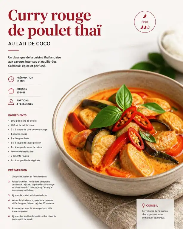 Curry rouge de poulet au lait de coco, recette avec pâte de curry