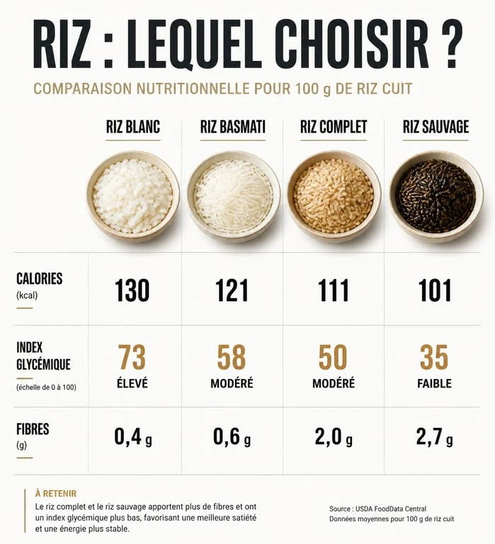Comparatif nutritionnel des différents types de riz : calories, index glycémique et fibres