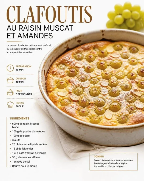 Clafoutis au raisin Muscat et amandes, une recette au raisin gourmande et facile à réaliser.