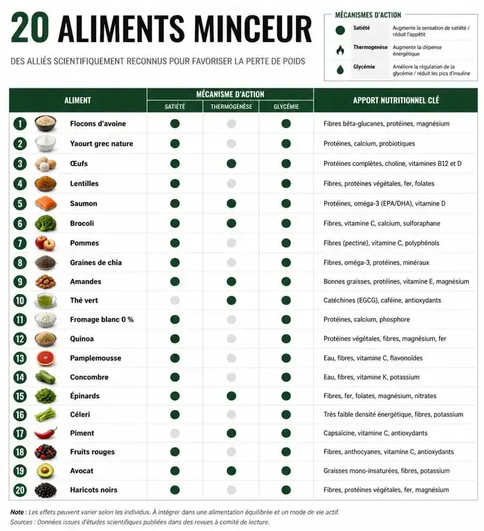 Infographie des 20 aliments qui font maigrir et leurs mécanismes d'action métabolique