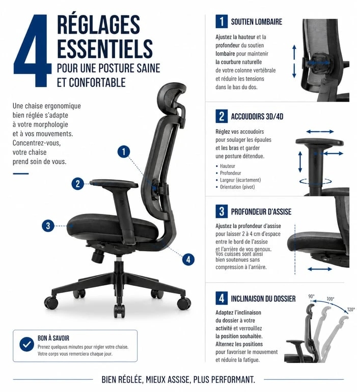 Infographie des réglages essentiels pour une chaise ergonomique