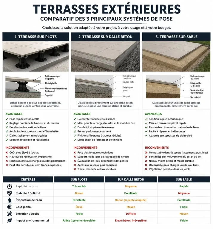 Comparatif des systèmes de pose de terrasse : plots, béton et sable
