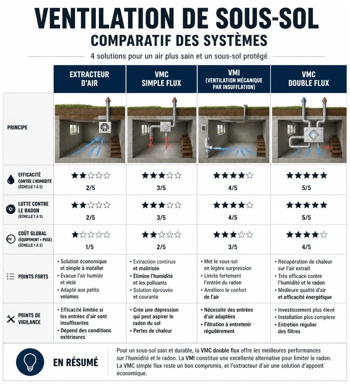 Comparatif des systèmes de ventilation mécanique pour sous-sol