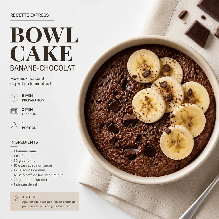 Bowl cake banane-chocolat pour un petit-déjeuner sain et gourmand