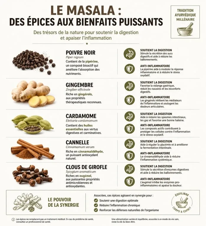 Infographie des bienfaits santé des épices du masala : poivre, gingembre, cardamome et cannelle