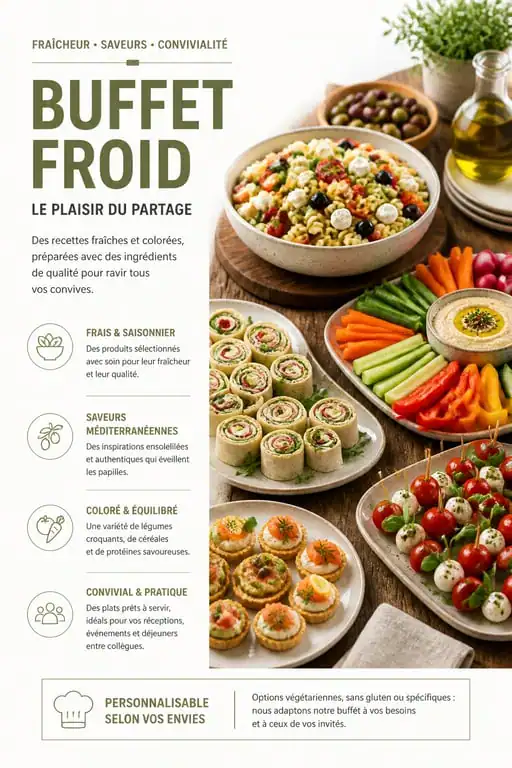 Buffet froid convivial avec salade de pâtes méditerranéenne et finger food pour repas entre amis