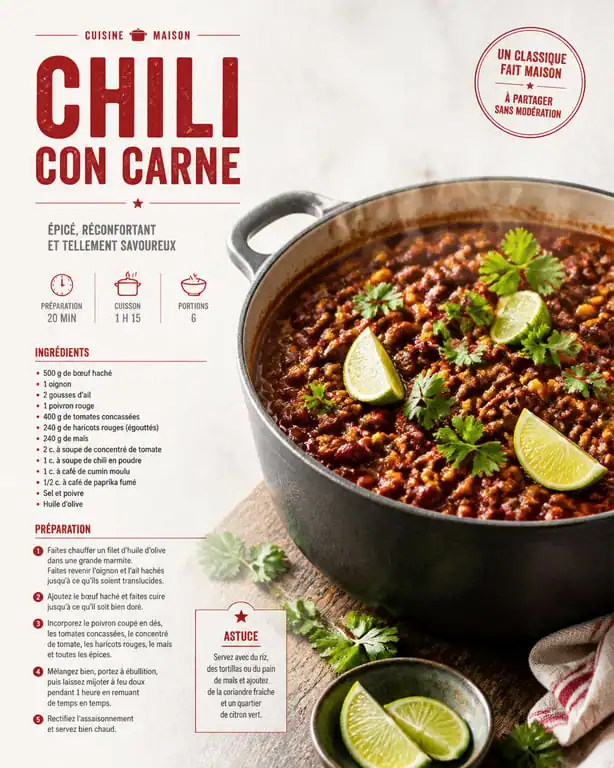 Chili con Carne généreux pour un repas de groupe