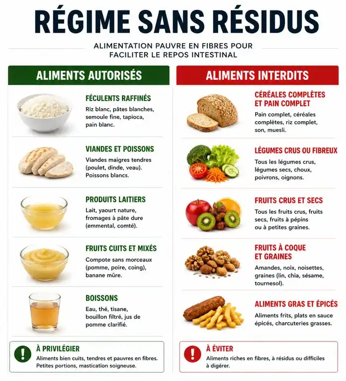 Infographie des aliments autorisés et interdits pour un régime sans fibres