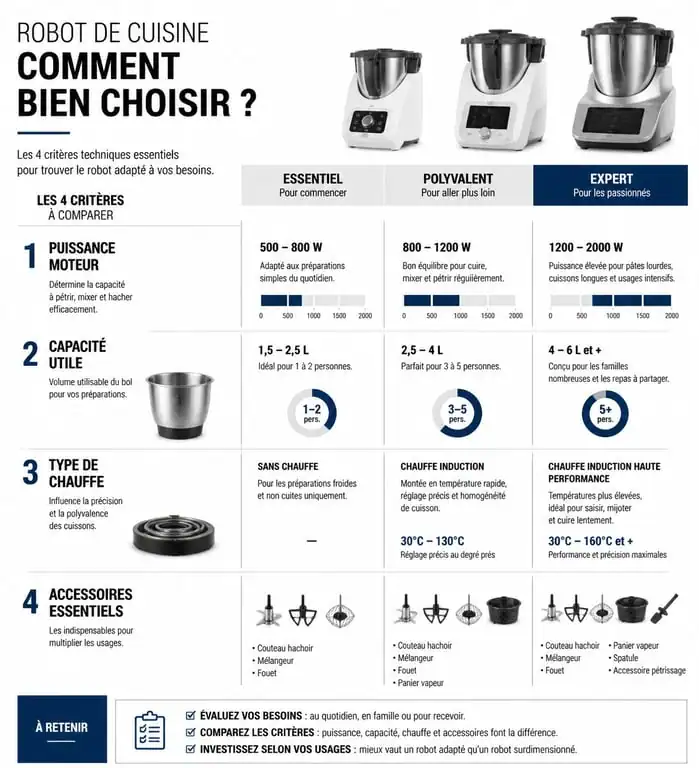 Infographie comparative des critères techniques pour choisir le meilleur robot de cuisine